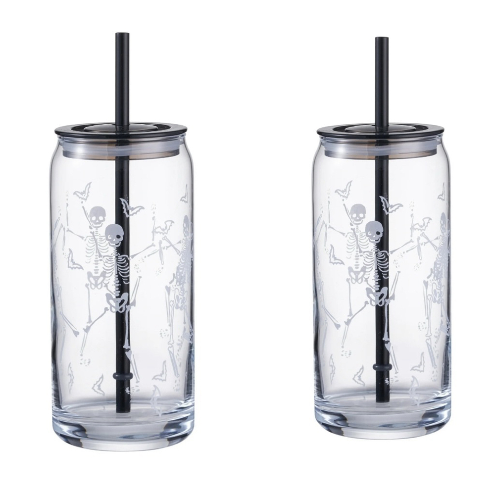 NEW BUNDLE OF 2 Clear Skeleton Halloween Glass Drinkware One Size